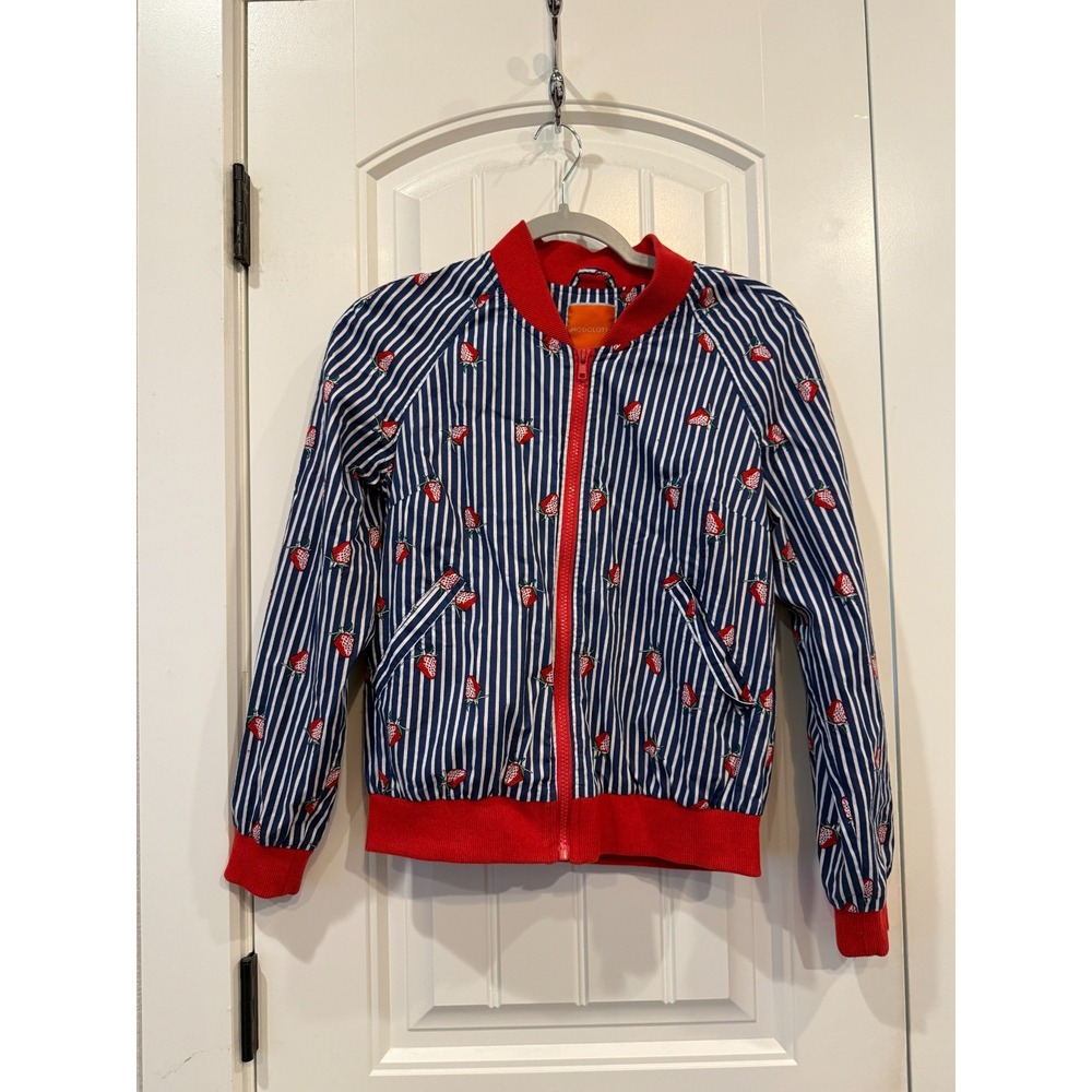 ModCloth Strawberry Print Striped Bomber Jacket Size Small‎ Blue Red